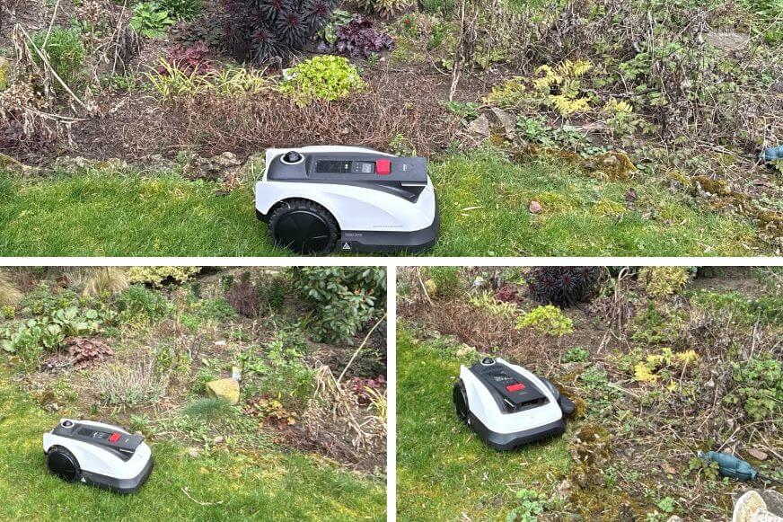 ECOVACS GOAT O1200 LiDAR PRO mit seitlich ausgefahrenem TruEdge Nylon-Fadentrimmer an einer Steinkante